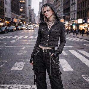 BCBG Cardigan hood women XS black/grey cotton chains pockets buttons Edgy Punk